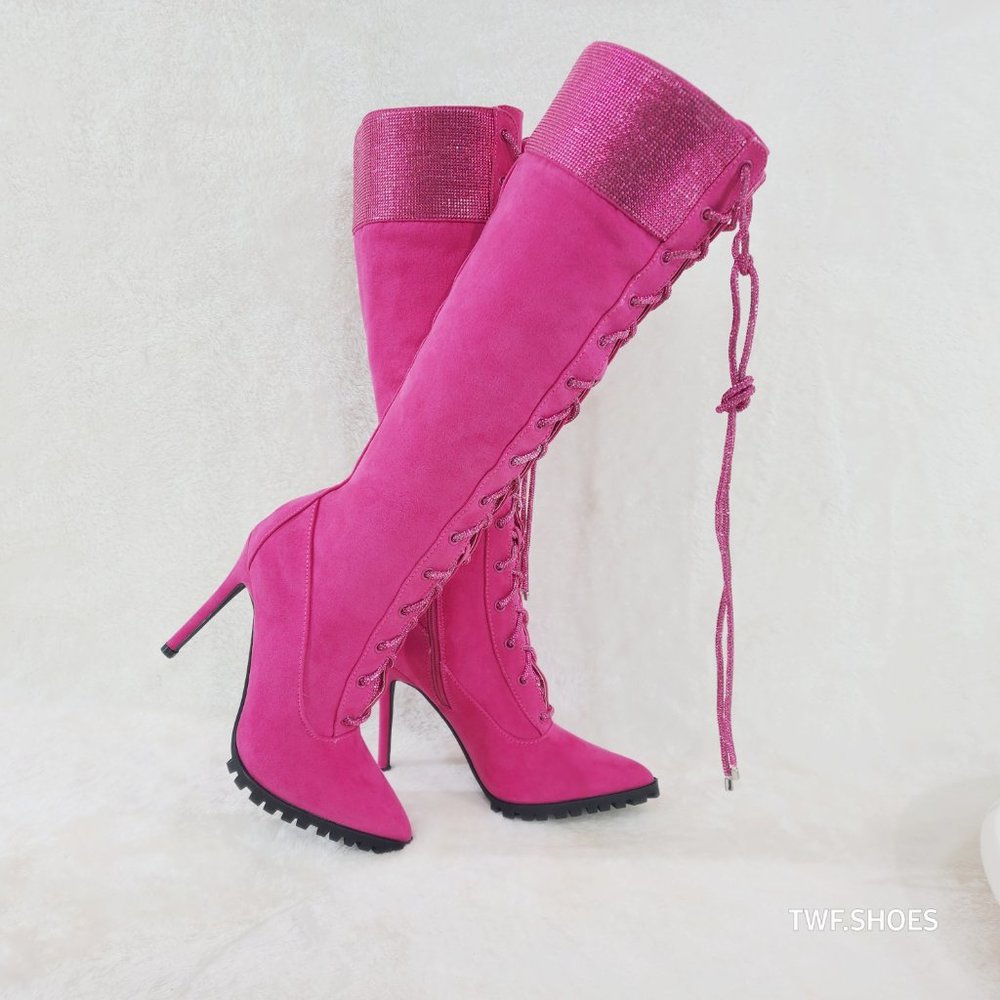 Queens FX Suede & Rhinestone Pointy Toe High Heels Stiletto Lace Up Knee Boots